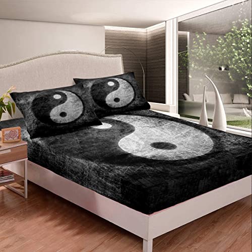 Yin Yang Bettlaken Set für Jungen Kinder Boho Trippy Psychedelisch Kunst Spannbetttuch Dekoratives Klatschmuster Spannbettlaken 140x200cm Traditionelles Ying Yang Thema Kein Flaches Blatt 2St von Homemissing