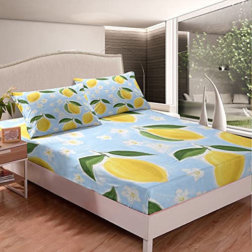 Zitrone Spannbetttuch Mädchen Niedlich Blumen Spannbettlaken 140x200cm für Frauen Jugendliche Zimmer Gelb Zitrone Tropisch Frucht Dekor Bettlaken Set Hellblau 2St von Homemissing
