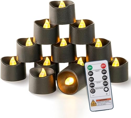 Homemory 12 Stück Schwarz LED Teelichter, Fernbedienung Kerzen mit 2/4/6/8H Timer, batteriebetriebene Teelichter für draußen (400+ Hour) von Homemory