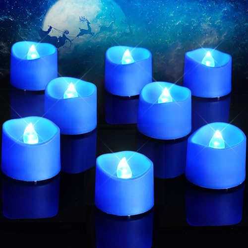 Homemory 12 Stück blaue Teelichter, flammenlos, flackernde LED-Kerzen, batteriebetrieben, marineblaue Teelichter, blauer Sockel, Batterien im Lieferumfang enthalten von Homemory