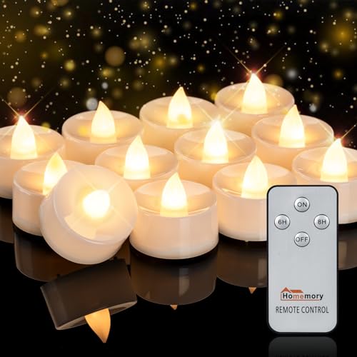 Homemory 12 Stück flackernden Teelichter mit Fernbedienung, Timer LED Kerzen, elektrische Kerzen für Diwali Weihnachten, 6 Stunden Timer, D3,5 cm x H3,1 cm, Warmweiße von Homemory