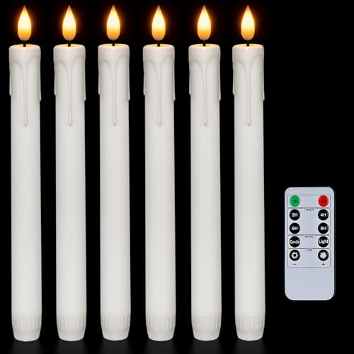 Homemory 6 Stück Weiß flackernd stabkerzen mit fernbedienung,Timer, batteriebetriebene LED Kerzen, 3D-licht, Fensterkerzen, Kunststoff, für Chirstams,warmer, Unparfümiert von Homemory