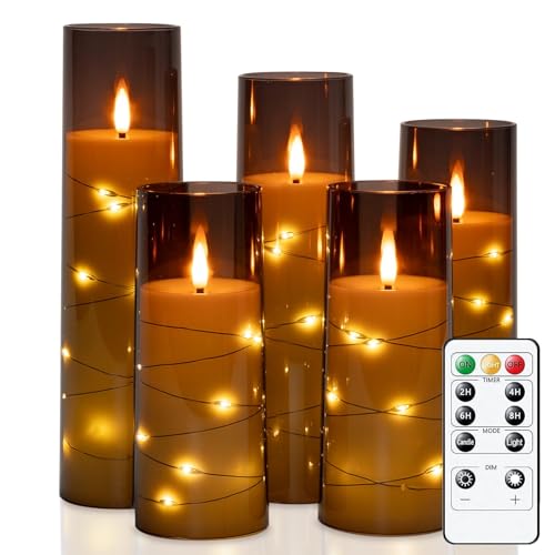 Homemory Flackernden Flammenlose Kerzen mit Lichterkette, Batteriebetriebene Kerzen mit Fernbedienung und Timer, Eingebettete Lichterkette LED-Kerzen, Acryl, Heimdekoration, Grau, 5er-Set von Homemory