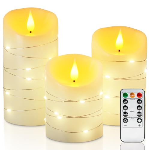 Homemory Flammenlose EchtesWachsKerzen mit Lichterkette, Eingebettete Lichterkette LED-Kerzen, Elektrische Flackerkerzen mit Fernbedienung und Timer, Elfenbeinweiß, 3er-Set von Homemory