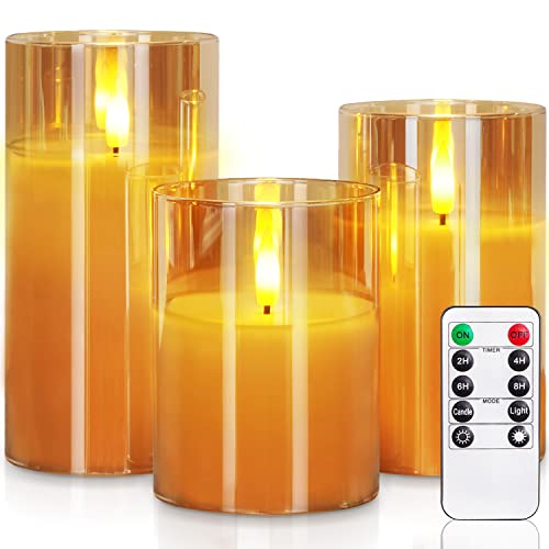 Homemory Gold Glas Flammenlose Kerzen, Batteriebetriebene LED Stumpenkerzen mit Fernbedienung und Timer, Elektrische Kerzen, Echtes Wachs, 3er-Set von Homemory