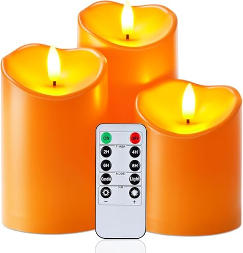 Homemory Orange Wasserdicht Flackernden Flammenlose Kerzen, Outdoor-Batterie Betriebene LED-Säule Kerzen mit Fernbedienung Timer, Halloween-Kerzen,3er-Set von Homemory