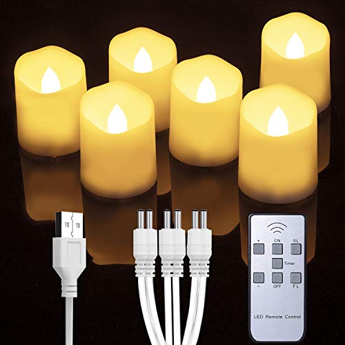 Homemory Wiederaufladbar LED Teelichter mit fernbedienung, 6 Stück Flammenlose Flackernde kerzen Teelich mit Timer. (USB Ladekabel Inbegriffen) von Homemory