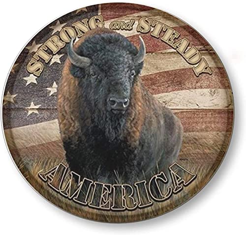 America, Strong and Steady Bison, Vintage-Stil, rund, Metall-Blechschild, Zuhause, Wohnzimmer, Küche, Esszimmer, Schlafzimmer, Bauernhaus, Wanddekoration 30,5 x 30,5 cm von Homeoanimal