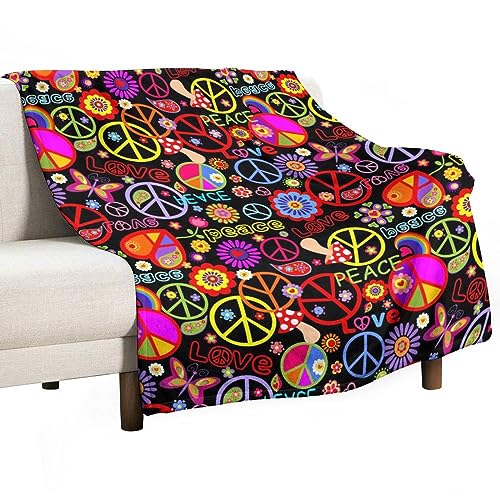 Homeoanimal Hippie Love Peace Print Überwurfdecke 150 x 200 cm, leichte Flanelldecke, gemütliche Mikrofaser-Decken für Couch, Sofa, Schlafzimmer, dekorativ von Homeoanimal