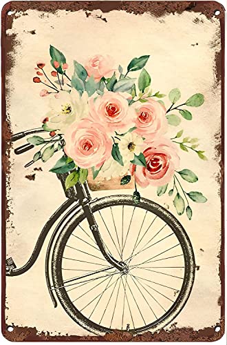 Metall-Blechschild Fahrrad mit Blume Rote Rose Lustiges Blechschild Sommer Wanddekoration Bauernhaus Dekor Geschenk für Freunde Metall-Blechschild 20,3 x 30,5 cm von Homeoanimal