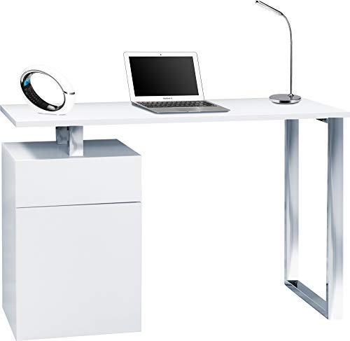 Homeology Calista Moderner Computertisch mit 3 Schubladen, gebürstete Stahlbeine, Hochglanz-Weiß von Homeology