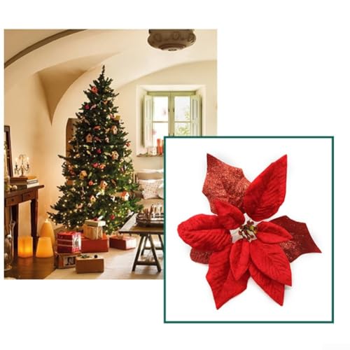 6 Stück große Weihnachtsstern-Glitzer-Blumen-Ornamente zum Aufhängen an Bäumen und saisonale Heim-Party-Dekorationen, 22 cm (rot) von Homeponnew