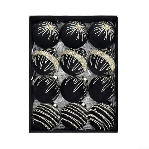 Beflockter Samt, 12-teiliges Weihnachtskugel-Ornament-Set mit sicheren Metall-Clips für stilvollen Weihnachtsbaum, Kaminsims oder Veranstaltungsdekoration (schwarz) von Homeponnew