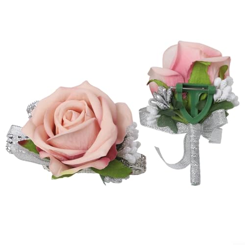 Homeponnew Elegante Rosen-Corsagen und Armbänder, Set für Hochzeit, Party, Braut, Bräutigam, Brautjungfern, handgefertigtes Blumenzubehör (rosa) von Homeponnew
