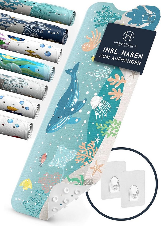 Homerella Badematte rutschfest Kinder - 100% BPA frei Inkl. 2 Haken zum Aufhängen 100x40cm, Antirutschmatte Badewanne Baby hautsensitiv & schimmelresistent, Badewannenmatte rutschfest & waschbar von Homerella