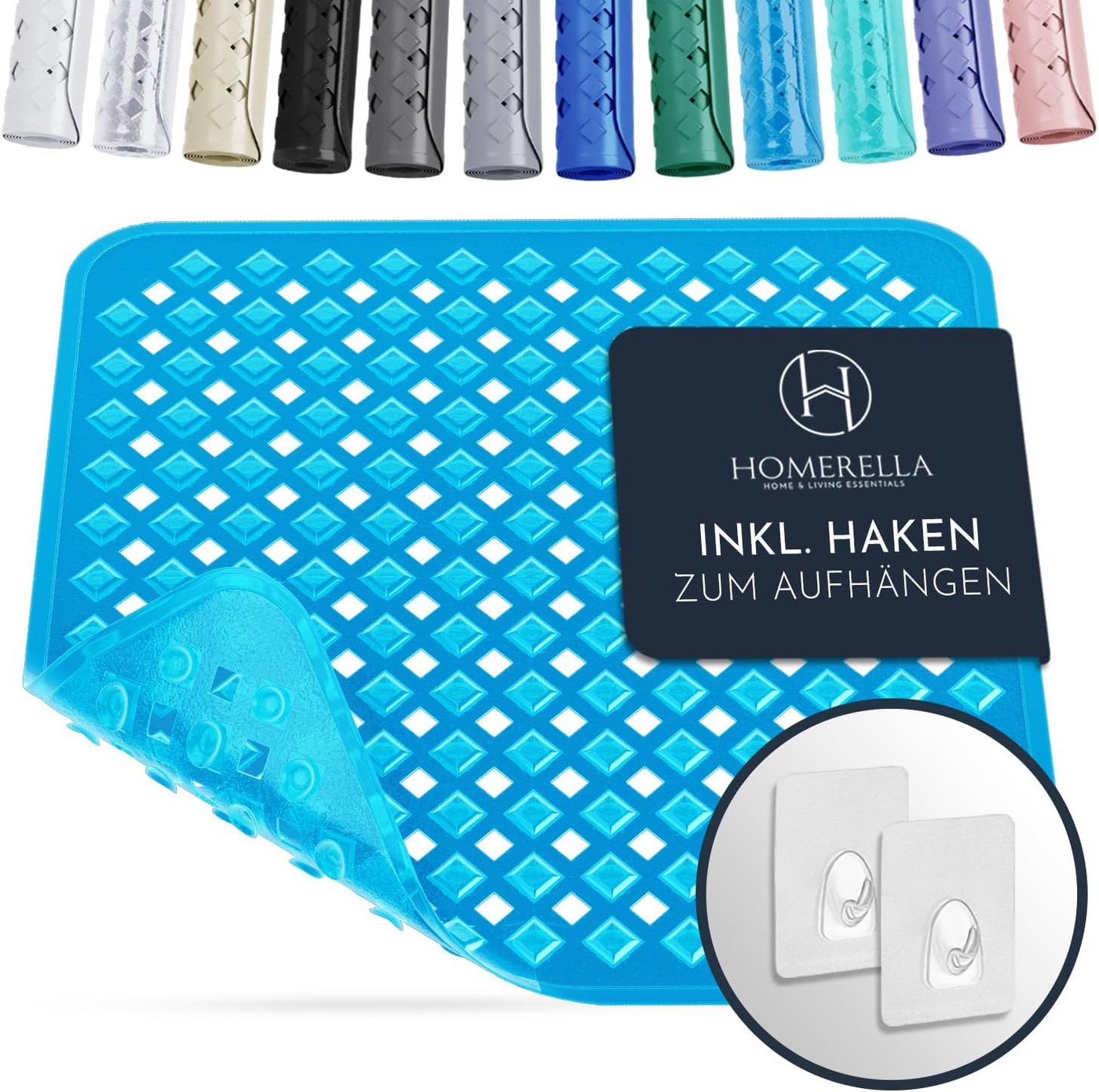 Homerella Duschmatte rutschfest - 100% BPA frei - Inkl. 2 Haken zum Aufhängen 53x53cm, Antirutschmatte Dusche hautsensitiv & schimmelresistent, - Duscheinlage maschinenwaschbar von Homerella