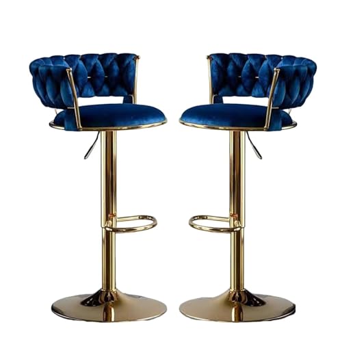 Barhocker höhenverstellbar, Barstuhl 360° drehbar, Küchenhocker mit geflochtener Rückenlehne Fußstütze, Hocker Bar Küche, Samt Metall,Blau,Set of 2 von Homesally