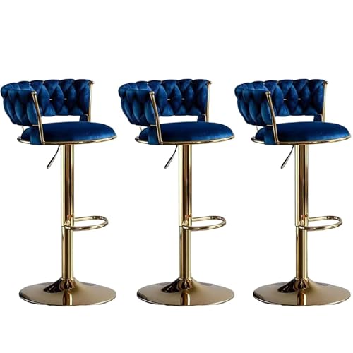 Barhocker höhenverstellbar, Barstuhl 360° drehbar, Küchenhocker mit geflochtener Rückenlehne Fußstütze, Hocker Bar Küche, Samt Metall,Blau,Set of 3 von Homesally