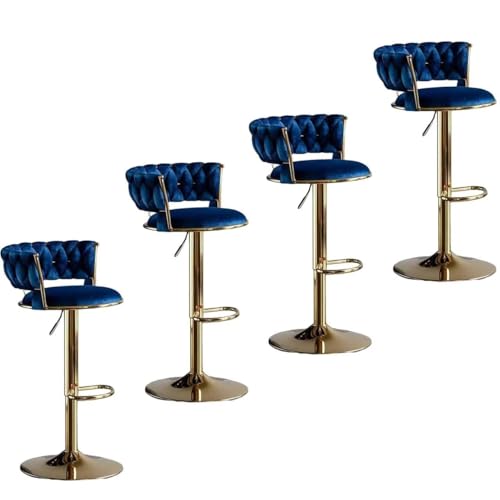 Barhocker höhenverstellbar, Barstuhl 360° drehbar, Küchenhocker mit geflochtener Rückenlehne Fußstütze, Hocker Bar Küche, Samt Metall,Blau,Set of 4 von Homesally