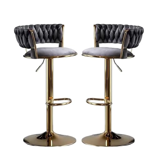 Barhocker höhenverstellbar, Barstuhl 360° drehbar, Küchenhocker mit geflochtener Rückenlehne Fußstütze, Hocker Bar Küche, Samt Metall,Grau,Set of 2 von Homesally