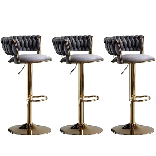 Barhocker höhenverstellbar, Barstuhl 360° drehbar, Küchenhocker mit geflochtener Rückenlehne Fußstütze, Hocker Bar Küche, Samt Metall,Grau,Set of 3 von Homesally