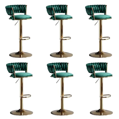 Barhocker höhenverstellbar, Barstuhl 360° drehbar, Küchenhocker mit geflochtener Rückenlehne Fußstütze, Hocker Bar Küche, Samt Metall,Grün,Set of 6 von Homesally