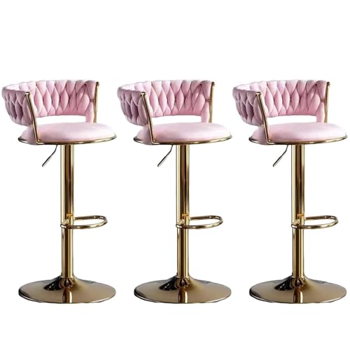 Barhocker höhenverstellbar, Barstuhl 360° drehbar, Küchenhocker mit geflochtener Rückenlehne Fußstütze, Hocker Bar Küche, Samt Metall,Rosa,Set of 3 von Homesally