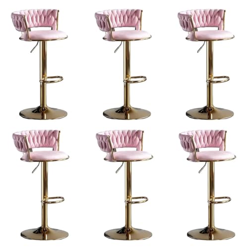 Barhocker höhenverstellbar, Barstuhl 360° drehbar, Küchenhocker mit geflochtener Rückenlehne Fußstütze, Hocker Bar Küche, Samt Metall,Rosa,Set of 6 von Homesally