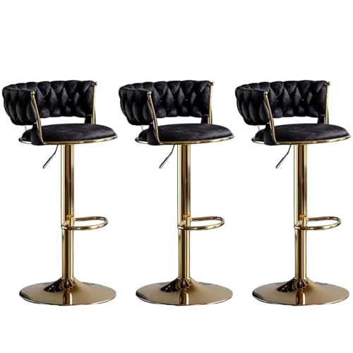 Barhocker höhenverstellbar, Barstuhl 360° drehbar, Küchenhocker mit geflochtener Rückenlehne Fußstütze, Hocker Bar Küche, Samt Metall,Schwarz,Set of 3 von Homesally