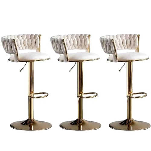 Barhocker höhenverstellbar, Barstuhl 360° drehbar, Küchenhocker mit geflochtener Rückenlehne Fußstütze, Hocker Bar Küche, Samt Metall,Weiß,Set of 3 von Homesally