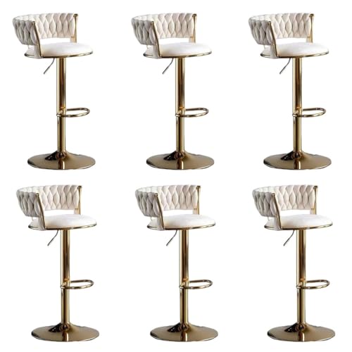 Barhocker höhenverstellbar, Barstuhl 360° drehbar, Küchenhocker mit geflochtener Rückenlehne Fußstütze, Hocker Bar Küche, Samt Metall,Weiß,Set of 6 von Homesally
