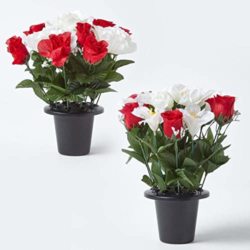 HOMESCAPES 2er-Set Künstliche Grab-Blumen wetterfest mit Blumenhalter, rote Rosen mit weißen Blumen von Homescapes