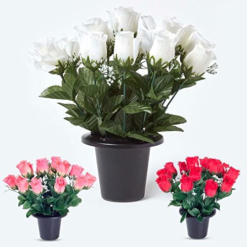 Homescapes 3er-Set Künstliche Grab-Rosen wetterfest mit Blumenhalter, Arrangement aus Rosen und Schleierkraut, weiß, rosa & rot von Homescapes