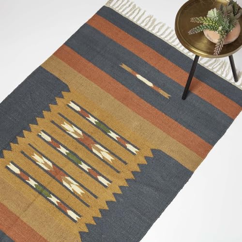 Homescapes Lundi Blue Teppich Jute Baumwolle orange-blau 120x170 cm, Fransen-Teppich handgewebt, Kelim Teppich geometrisch von Homescapes