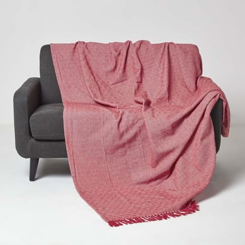 Homescapes Malda Tagesdecke rot 225x255 cm, große Baumwolldecke Rauten mit Fransen, Überwurf für Sofa oder Bett von Homescapes