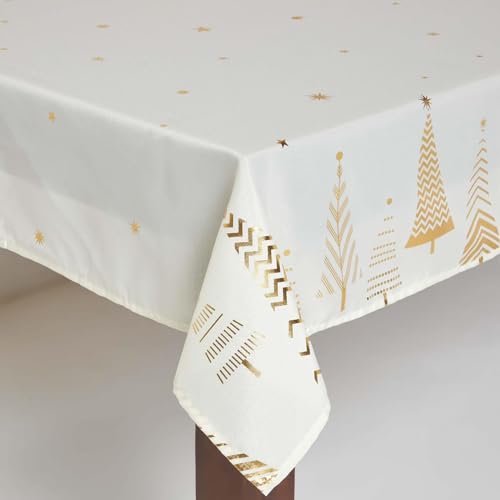 Homescapes Moderne Weihnachts-Tischdecke Tannenbaum 132x178 cm, Creme-goldene Tischdecke mit Bäume-Design, Tischtuch festlich von Homescapes