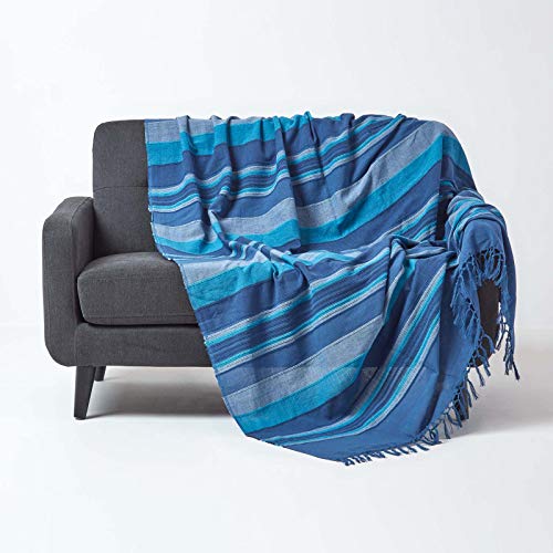 Homescapes Tagesdecke Morocco, blau, Sofa-Überwurf aus 100% Baumwolle, weiche Wohndecke 150 x 200 cm, blau gestreift, mit Fransen von Homescapes