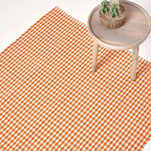 Homescapes Karierter Teppich/Bettvorleger Gingham 70 x 120 cm, waschbarer Baumwollteppich mit Karo-Muster im Landhausstil, 100% Baumwolle, orange von Homescapes
