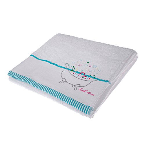 Homescapes 100% Ägyptische Baumwolle Flauschiges Premium Frottee Duschtuch weiß Vintage Stick Motiv Bath Time von Homescapes