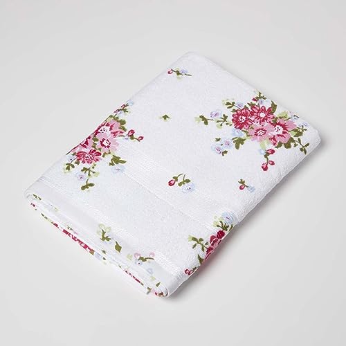 Homescapes 100% Baumwolle Frottee Handtuch Duschtuch weiß mit Vintage Blumen Print und gestickter Bordüre von Homescapes