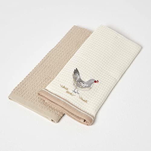 Homescapes 2er-Set saugfähige Geschirrtücher Waffelpiqué beige & naturweiß, Küchenhandtücher Baumwolle mit Motiv Huhn, Geschirrhandtücher 40x60 cm von Homescapes