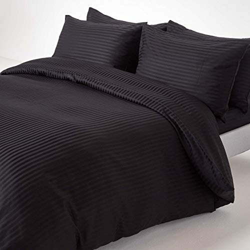Homescapes 3-teiliges Damast-Bettwäsche-Set schwarz aus 100% ägyptischer Baumwolle mit Satin-Streifen, 1 Bettbezug 230x220 cm & 2 Kissenbezüge 48x74 cm von Homescapes