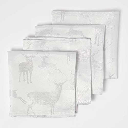 Homescapes 4 Hirsch-Deko Weihnachtsservietten Silber 43x43 cm, 4er-Set Stoffservietten mit Hirsch-Print in Silber-Metallic von Homescapes