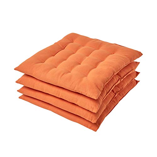 Homescapes 4er Set Stuhlkissen 40 x 40 cm, Terracotta-orange, Sitzkissen mit Bändern und Knopfverschluss, einfarbige Auflagen für Stühle mit Bezug aus 100% Baumwolle und weicher Polyester-Füllung von Homescapes