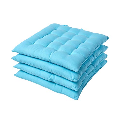 Homescapes 4er Set Stuhlkissen 40 x 40 cm, blau/hellblau, Sitzkissen mit Bändern und Knopfverschluss, einfarbige Auflagen für Stühle mit Bezug aus 100% Baumwolle und weicher Polyester-Füllung von Homescapes