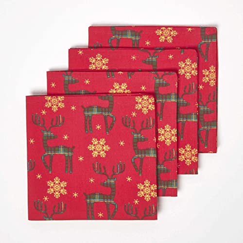 HOMESCAPES 4er Set rote Servietten Rentier Design 45 x 45 cm 100% Baumwolle Weihnachten Rotes Rentier Weihnachtsservietten-Set von Homescapes