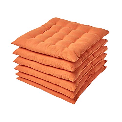Homescapes 6er Set Stuhlkissen 40 x 40 cm, Terracotta-orange, Sitzkissen mit Bändern und Knopfverschluss, einfarbige Auflagen für Stühle mit Bezug aus 100% Baumwolle und weicher Polyester-Füllung von Homescapes