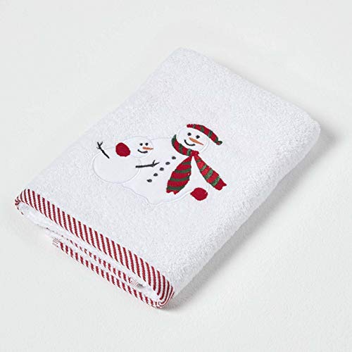 Homescapes Besticktes Weihnachts-Handtuch mit Schneemann-Motiv, festliches Handtuch 50 x 90 cm aus 100% Baumwolle mit rot-weißer Kante von Homescapes