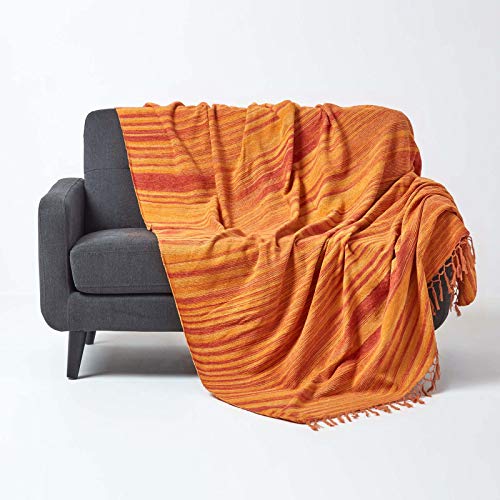 Homescapes Chenille-Tagesdecke, orange, Wohndecke 150 x 200 cm, Sofaüberwurf/Plaid aus 100% Baumwolle mit Fransen, orange gestreift von Homescapes