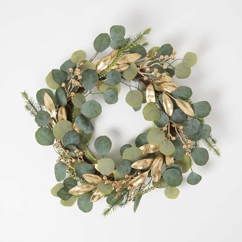 Homescapes Eukalyptus-Kranz 56 cm grün, künstlicher Türkranz mit goldenen Beeren und Blättern, eleganter Tischkranz von Homescapes